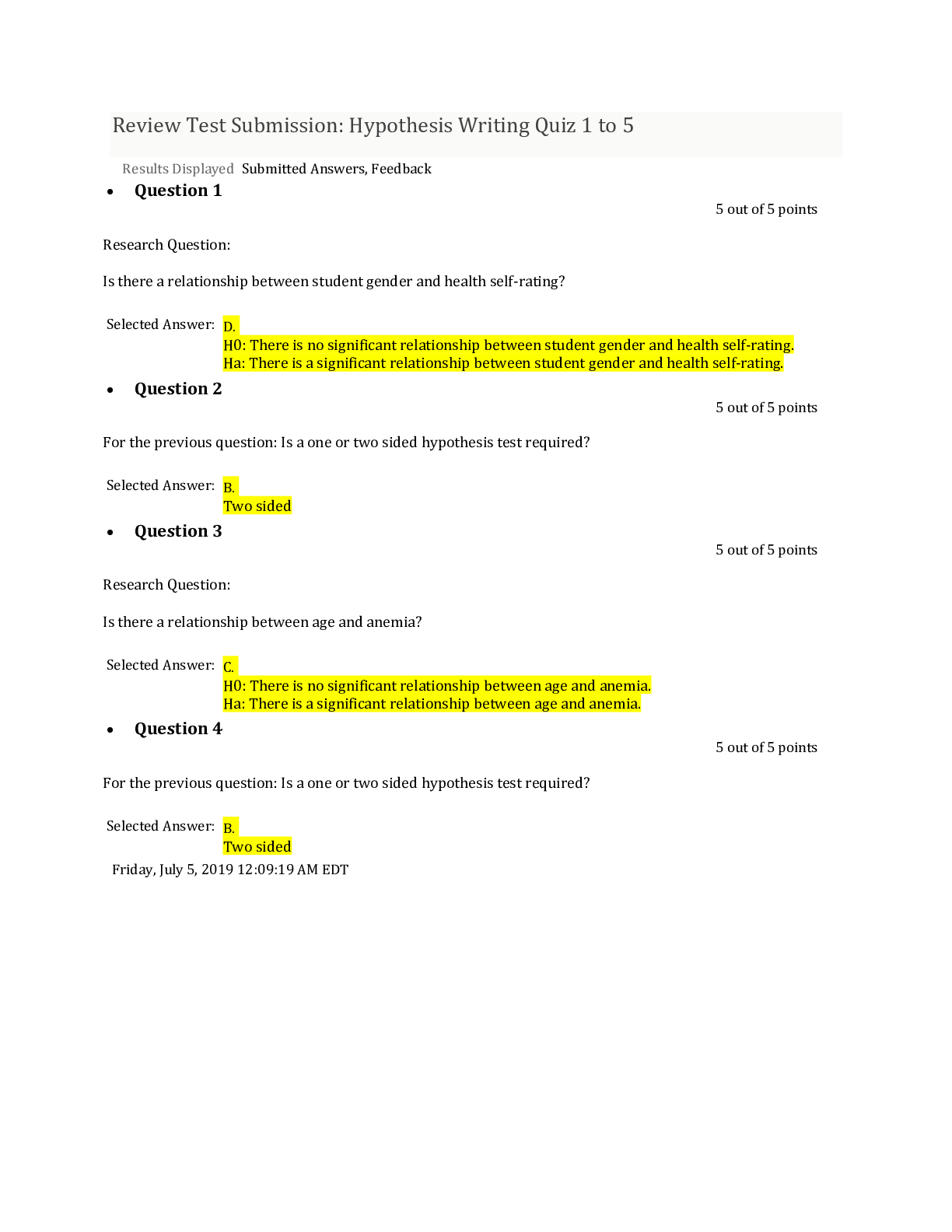Preview of HLTH 511 Hypothesis Writing Quiz 1 TO 5{Completed Solved Solution}